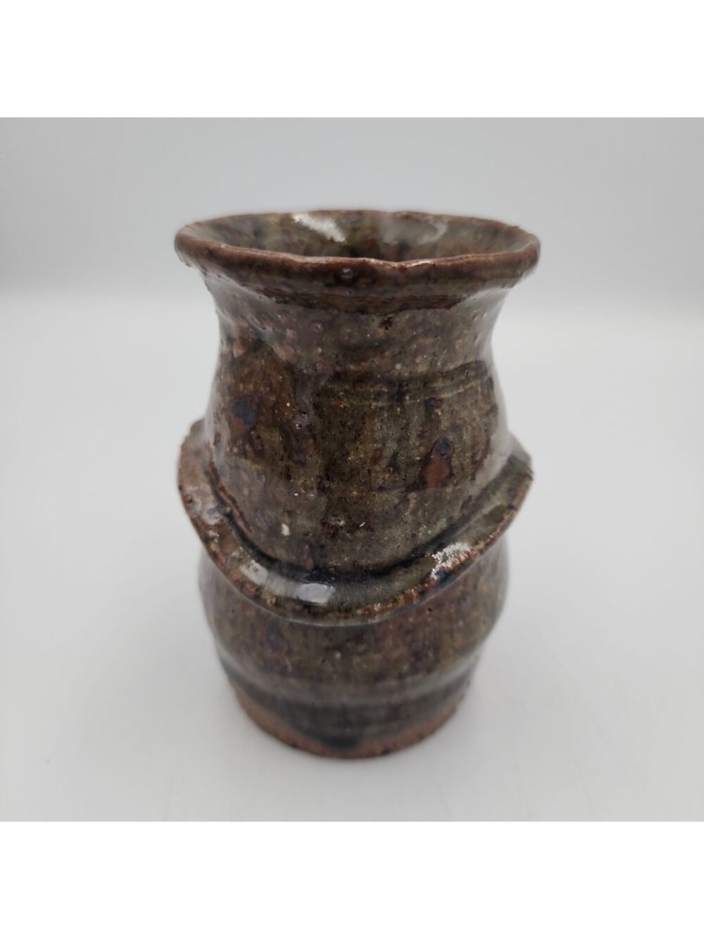 Brown Rustic Stoneware Art Studio Pottery 4” Jar Vase Pens Brushes Signed